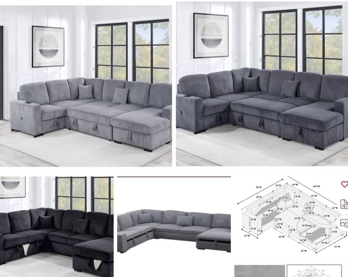 $649-4Piece Convertible Sectional Sleeper Sofa ,Chaise Storage ,Sofa Storage & USB Ports 98” x 103” x 61” x36”H