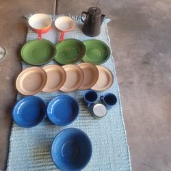 Old Enameled Coated Metal Camping Plates, Cups, And Cookware. Sold Together