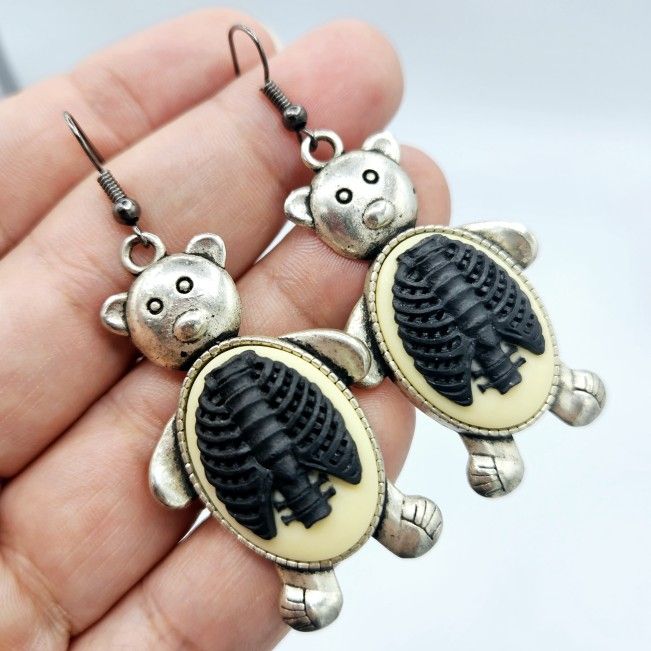 Gothic Lolita Spooky Skeleton Teddy Bear Ribcage Cameo Earrings