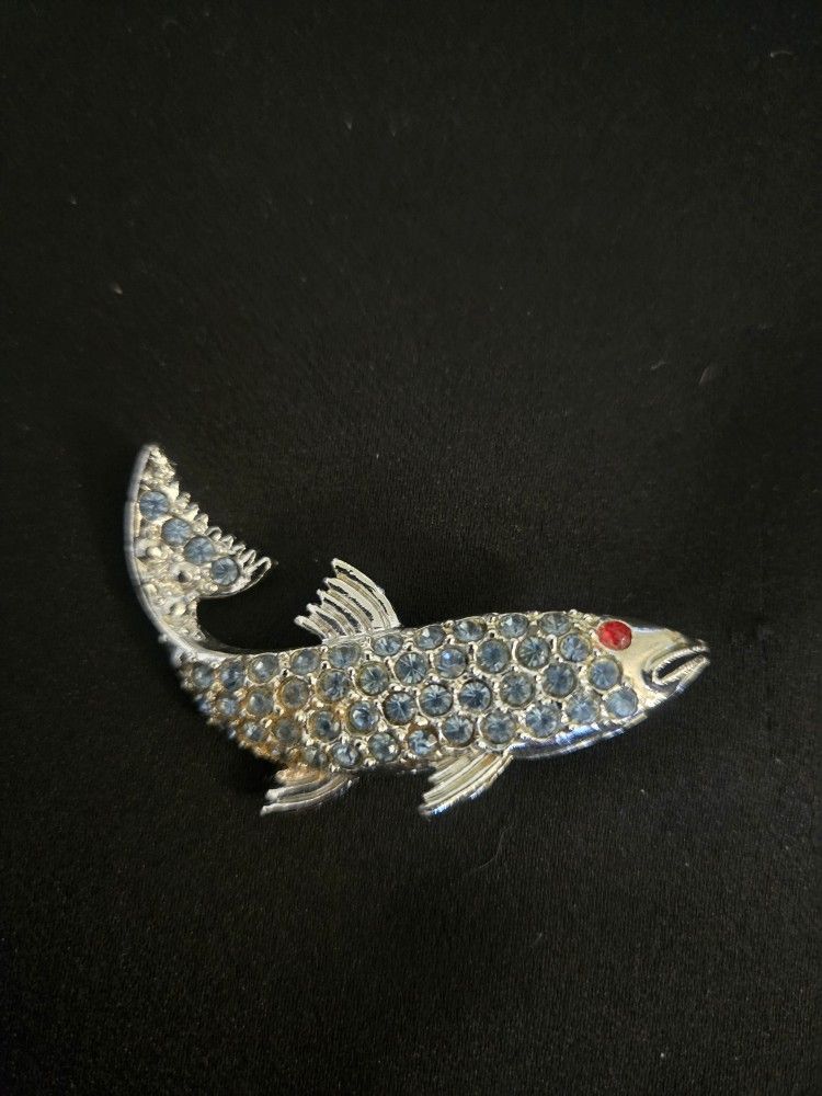 Vintage, Brooch Fish, Blue Rhinestones