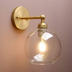 9797: New Brass Boho Vanity Vintage Gold Bathroom Wall Sconce, Indoor Hardwired Wall Mounted Industrial Fixture Lights with Double Hole Round Glass La