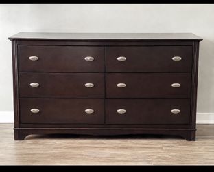 Queen Bed Frame + Matching 6-Drawer Dresser Available – Dark Wood Bedroom Set