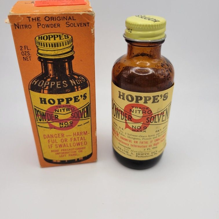 Vintage Hoppe's No. 9 Nitro Powder Solvent Bottle Partial Contents Original Box