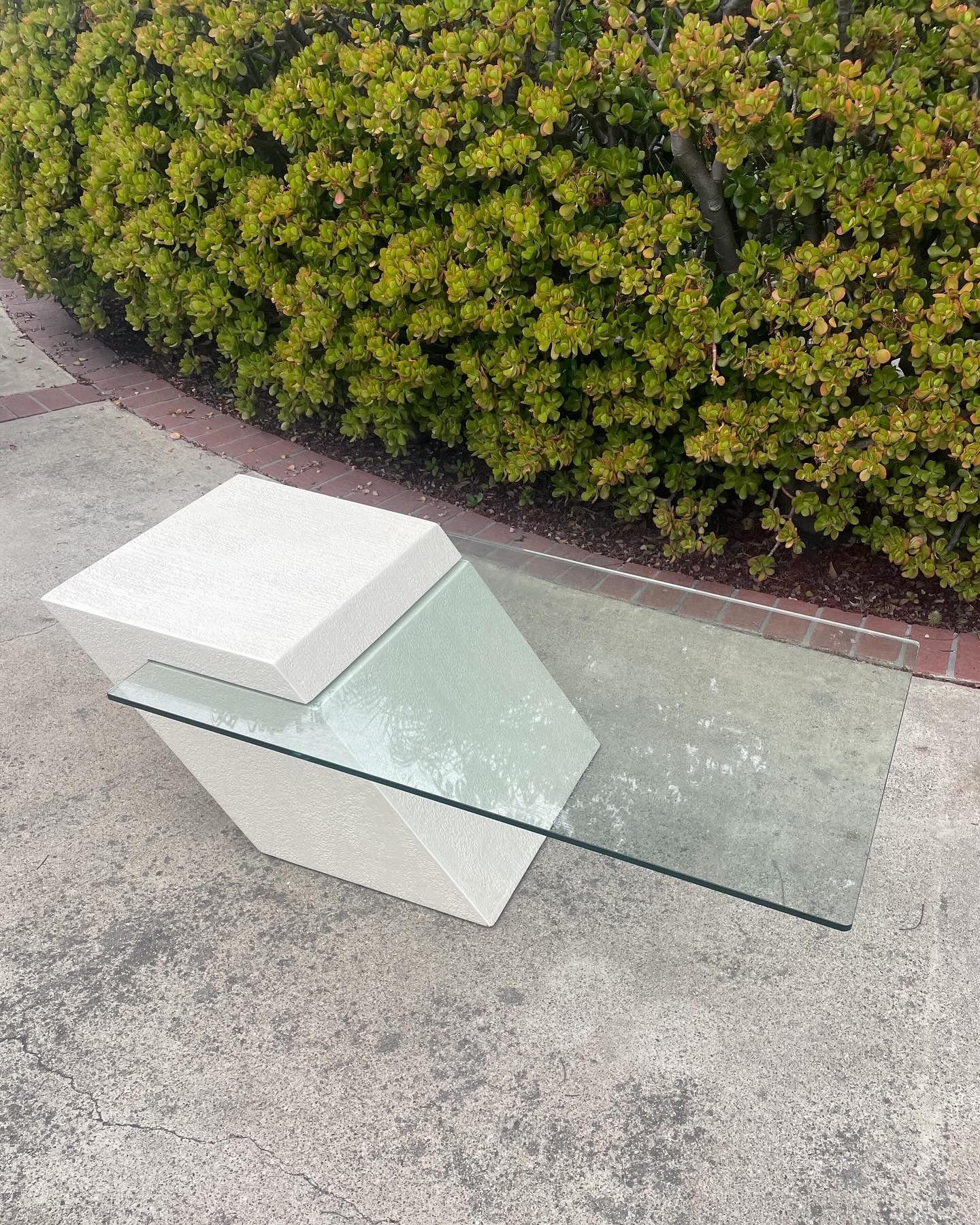 Vintage Postmodern Plaster and Glass Slanted Coffee Table