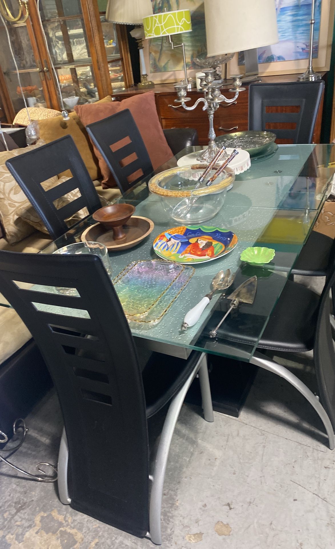 Glass Table Leather Black Chairs Expanding Table