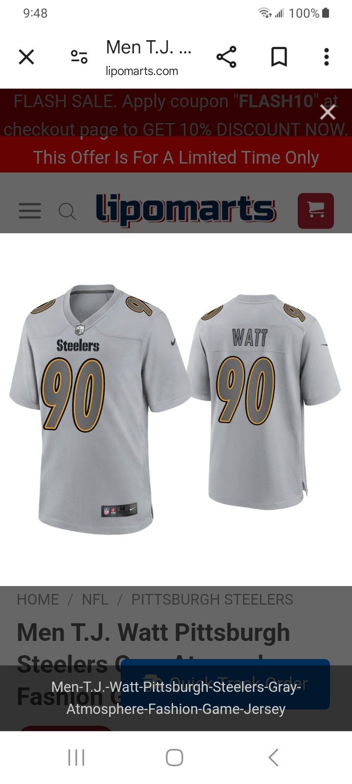 Pittsburgh Steelers T.J Watt Nike Jersey Mens XL Non Negotiable (2022)