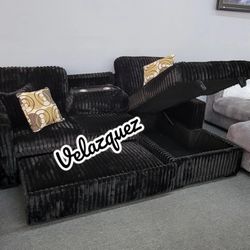 ✅️✅️2 pc Black fur like corduroy fabric sectional sofa with pop up sleep area and storage chaise drop down tray table USB ports✅️