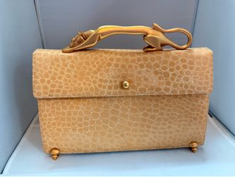 Lee Wolfe Croc Handbag Gold Panther Handle. Vintage