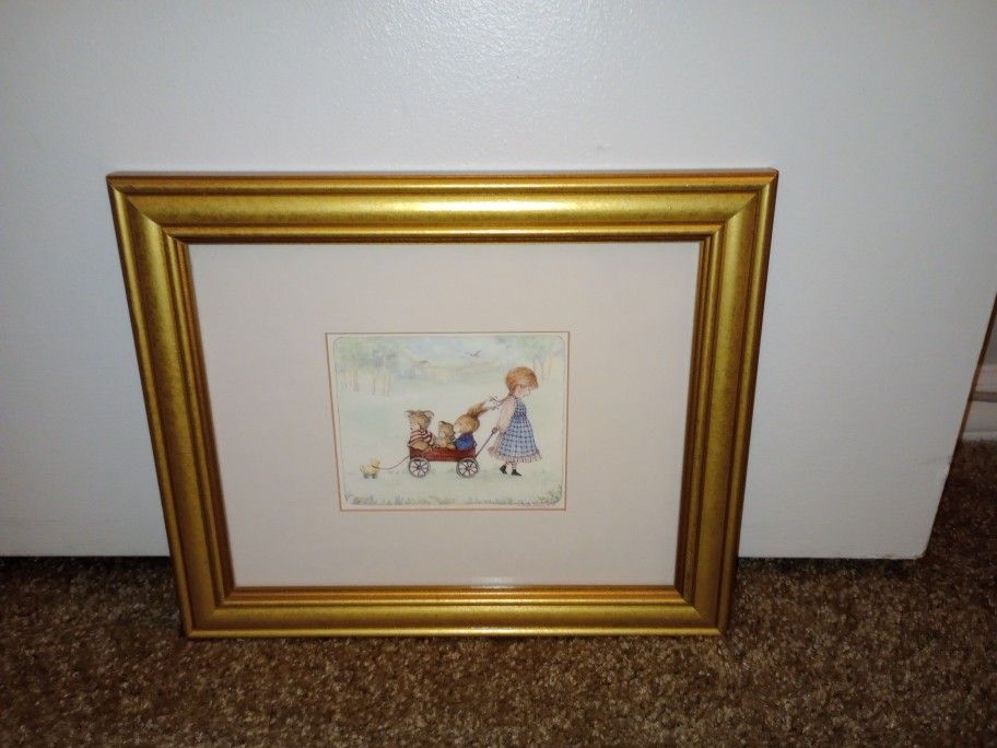 Children's Wall Picture With The Girl, Wagon Of Bears Bunny, And Duck Behind