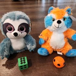 New 8.5" plush sloth & New 8.5" big headed stuffed dog with a ball and a dice 