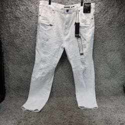Waimea Men White Biker Jeans Skinny Fit Distressed Ripped Moto Twill Pants Sz 42