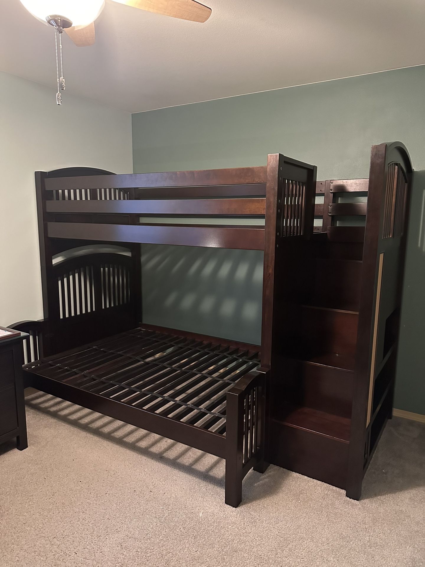 Twin Over Full Stairway Bunk Bed with Shelves, Drawer and Cork Board