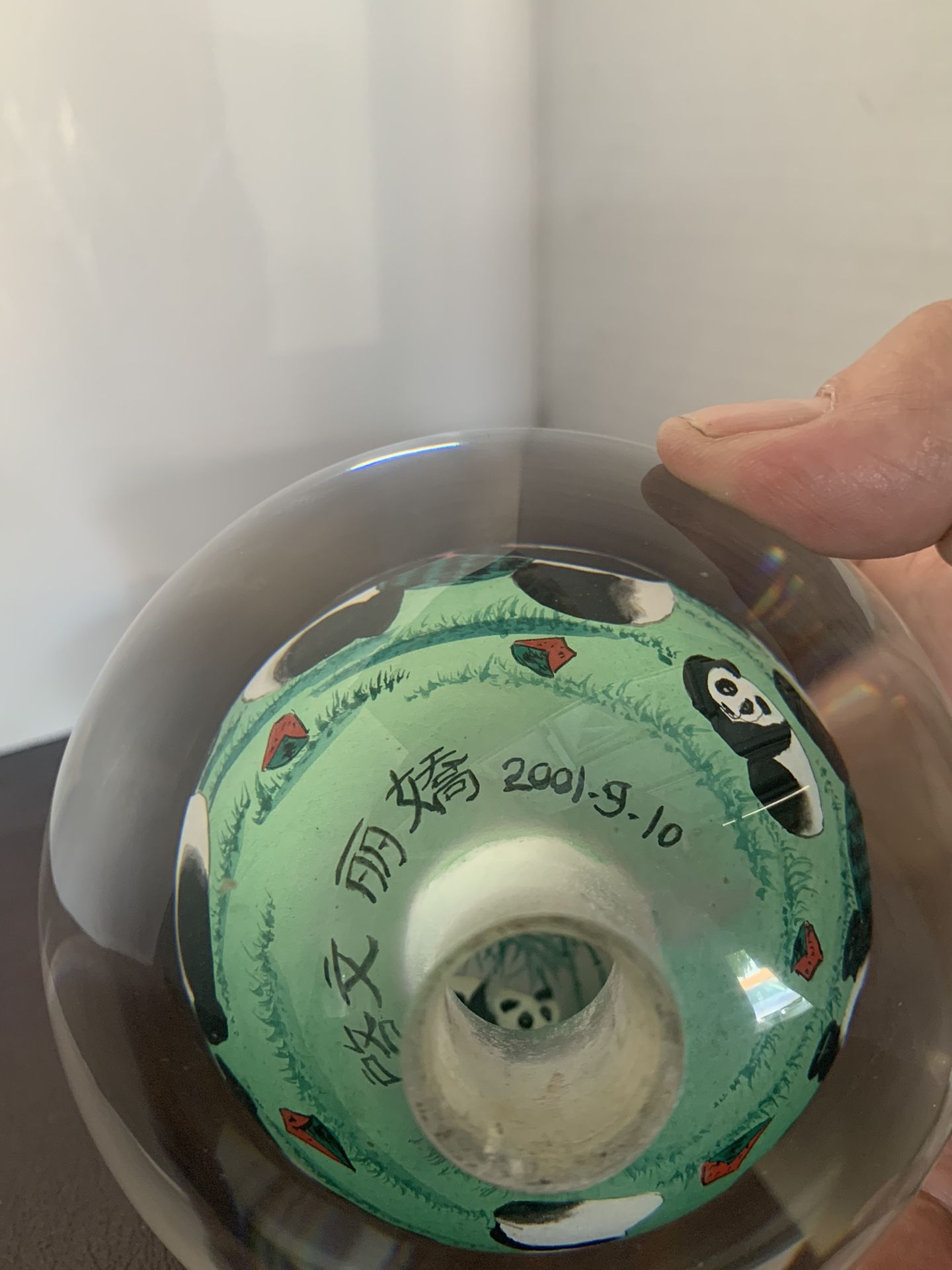 ORIENTAL Crystal Glass Reverse Hand Painted  PANDA BEAR GLOBE W/TEAK STAND