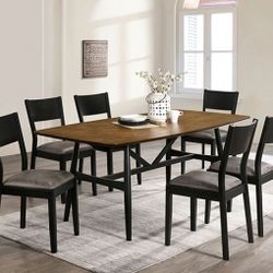 Brand New Antique Oak, Black & Gray 7pc Dining Table Set