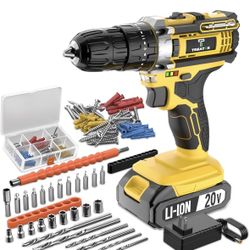 20V Cordless Drill/Driver, Electric Screwdriver - 1 Batteries, 45Nm, 21+3 Torque, 2 Speed, Keyless 3/8" Chase with LED Light (20V Drill (Yellow))