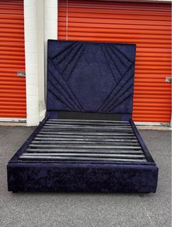 Navy Blue Velvet Upholstered Bed Frame