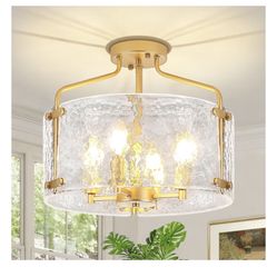 4-Light Gold Semi Flush Mount Ceiling Light Fixture Modern Drum Chandelier Hallway Light Fixtures with Handcrafted Hammered Glass Ceiling Lights for K