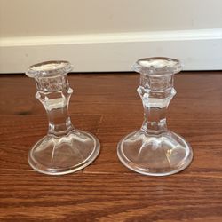 Pair Of Matching 4 Inch Clear Glass, Taper, Candles Stick Holders