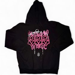 VINTAGE ELEVATE ANGEL PREMIUM SIZE LARGE METAL HARDCORE GOTH EMO GRUNGE HOODIE BLACK AND PINK GRAFFITI PULL OVER Y2K     #emo #goth #grunge #y2k #skat