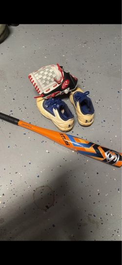 Tball bat, glove and cleats size 13