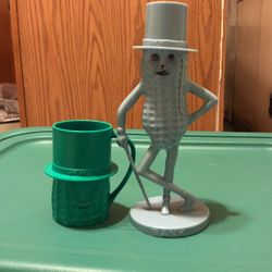 Vintage Mr. Peanut Planters Peanuts Plastic Bank( Light Blue ) And Plastic Cup(green)  