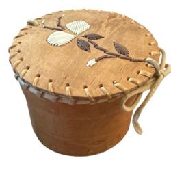 Vintage Handmade Birch Bark Basket Round Wood Box Floral Flower Top