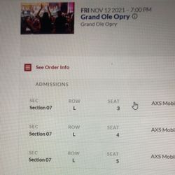 Grand Ole Opry 5 Tickets Nov 12