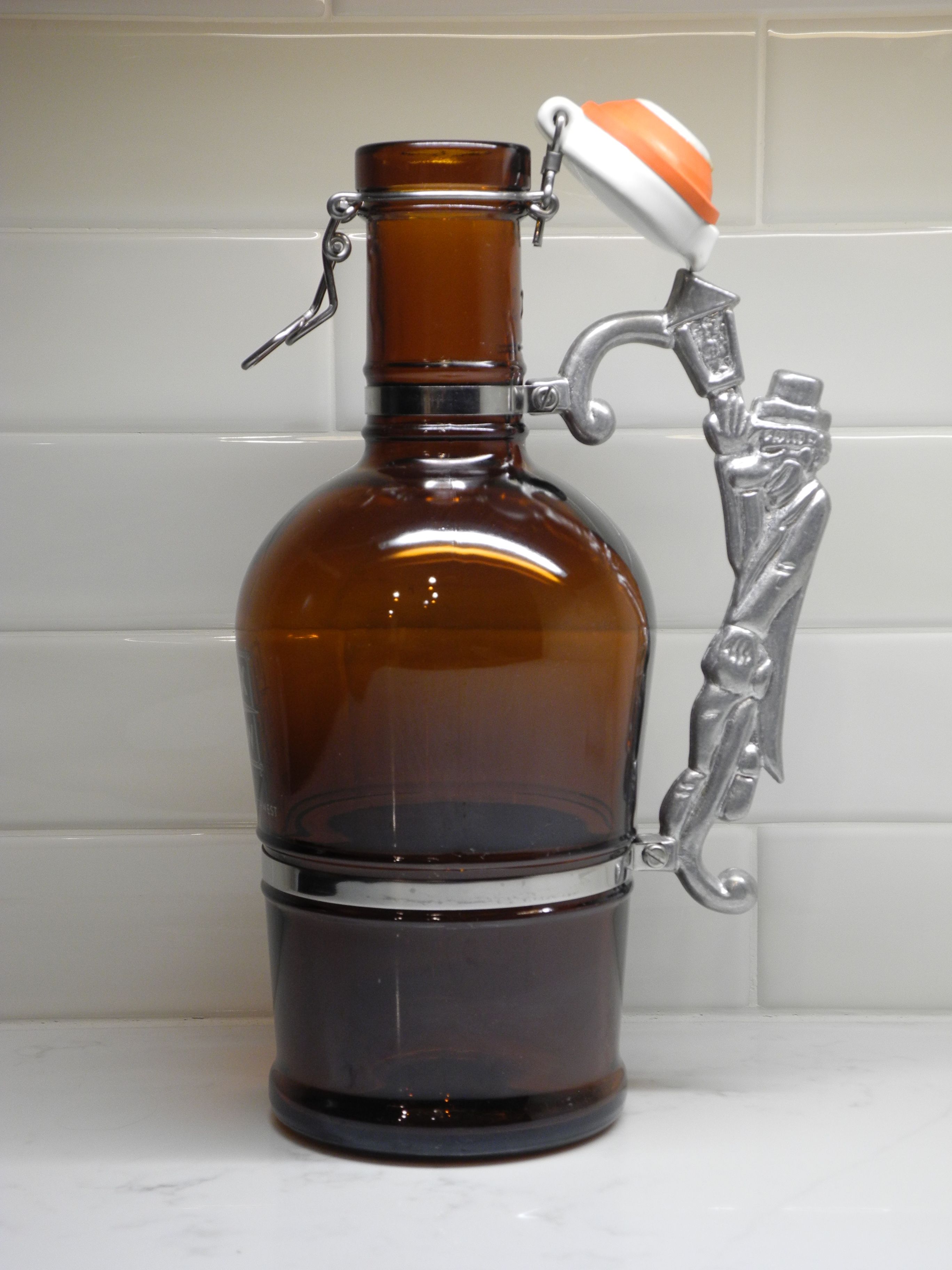 Vintage (NEW) NXNW 2L Beer Stein Growler Bottle w/ Pewter Lamplighter with Street Lamp Handle & Porcelain Ceramic Top Lid w/ Locking Gasket