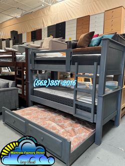 Triple twin grey bunk bed with mattresses colchones trundle cama bonita