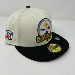 NEW ERA PITTSBURGH STEELERS CREAM BLACK 2022 SIDELINE 59FIFTY FITTED HAT size 7 1/4