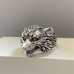 925 Silver Plated Adjustable Wolf Head Ring for Men Women,Punk Hip Hop Ring