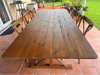 Rustic Wooden Farmhouse Trestle Dining Table with Cross-Back Chairs