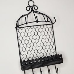 Black Chicken Wire Jewelry Holder Hanger Birdcage Shape Farmhouse Fleur De Lis Decor 