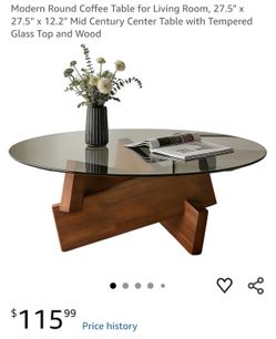 Modern Round Coffee Table for Living Room, 27.5" x 27.5" x 12.2" Mid Century Center Table with Tempered Glass Top and Wood
