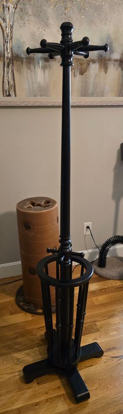 Vtg 69.5" Ebonized Wood Coat Rack and Integrated Umbrella Stand