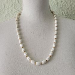 Vintage Signed Monet White 24" Choker Necklace Acrylic Textured Bead Gold Accent