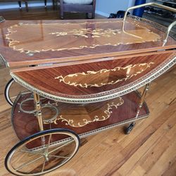 Vintage Drop Leaf Wine Cart With Brass Handle And Floral Marquetry