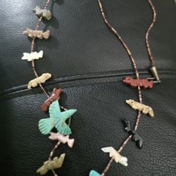 Native American Zuni Turquoise Sterling Silver Necklace Fetishes