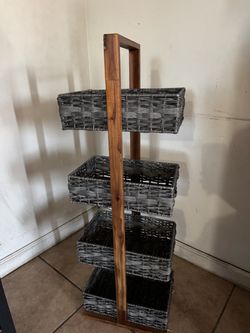 4-Tier Wood and Wicker Storage Basket Stand