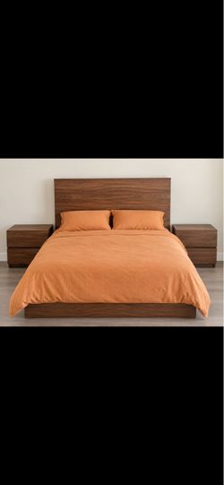 Modern Walnut Platform Bed Frame with Nightstands