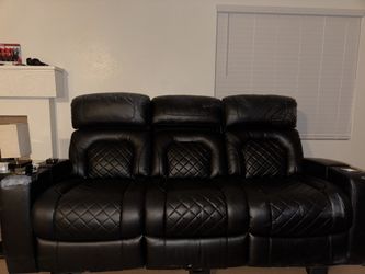Reclining Leather media sofa / glass tv stand ent unit