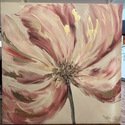 Oversized Textured Floral Canvas Art – Gold & Pink Accents – 36”x36”