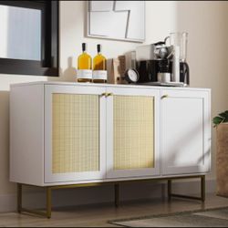 Sideboard Buffet with Rattan Doors, Storage Cabinet with 3 Doors, Coffee Bar Cabinet with Golden Legs, Cupboard Console Table, Liquor/Accent Cabinet,