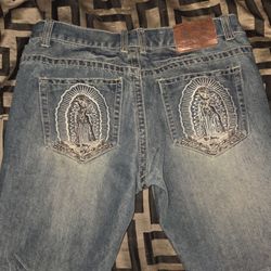 Virgin Mary Y2K denim jeans