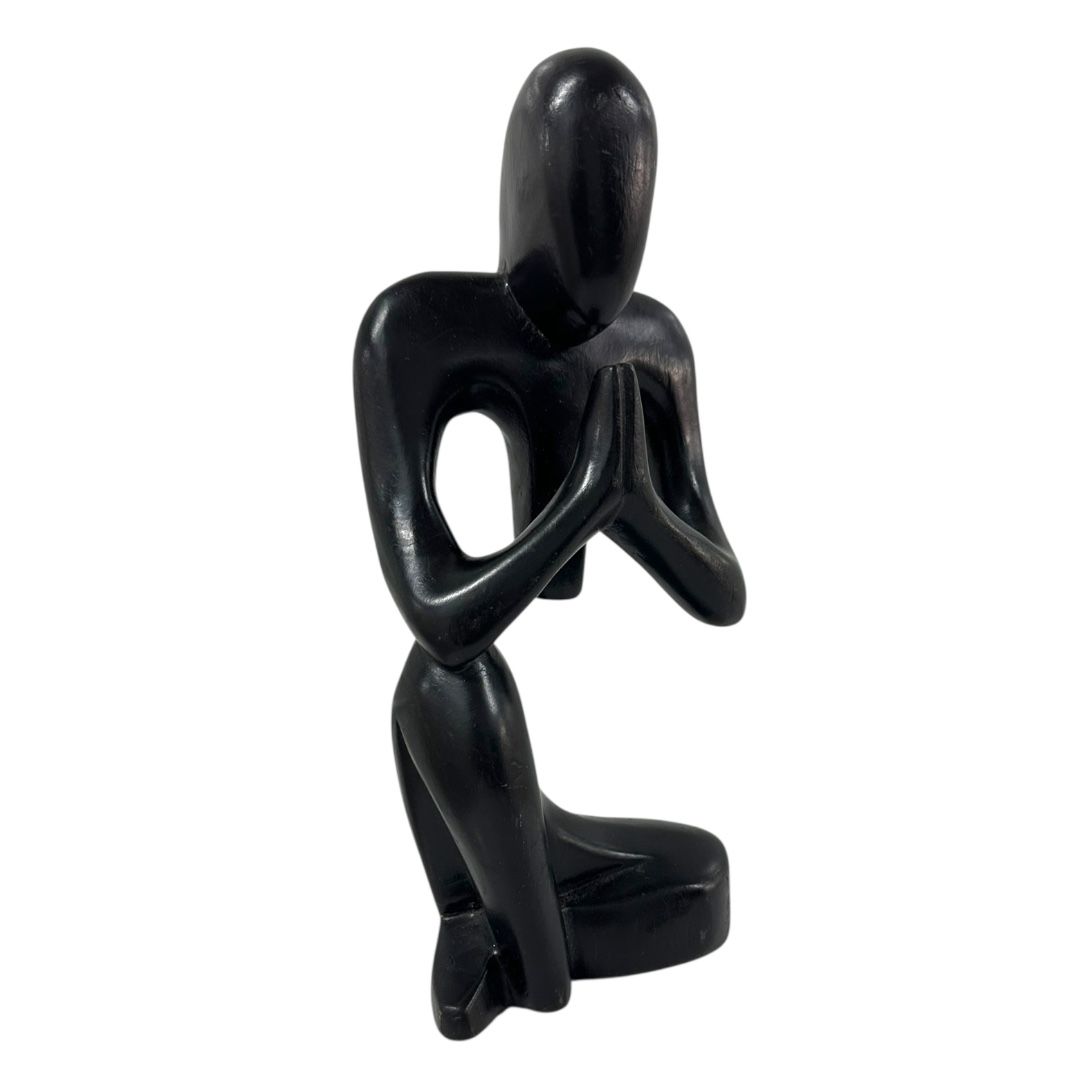 Abstract Minimalist Black Wood Carved Praying Figure Meditation Yoga Zen Decor
