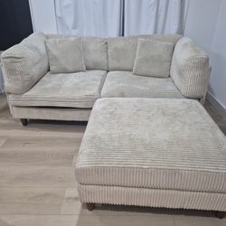 Beige Tan Corduroy Love Seat Couch Sofa with Pillows and Ottoman