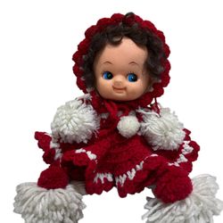 VTG Handmade Doll 13" Crochet Yarn Outfit Red White Happy Smile Retro Cottage