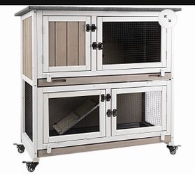 PET34 36″L Rabbit Hutch Wooden 2 Story, Guinea Pig Pet House for Small to Medium Animals, Grey