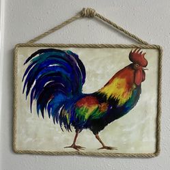 Vivid Rooster Print Plaque Rope Farmhouse Cottagecore 