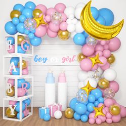 Amandir 134pcs Baby Boxes Gender Reveal Balloon Decorations, Pink And Blue Balloon Arch Kit Baby Boxes With Letters(A-Z+Baby Boy Girl?) For Baby Showe